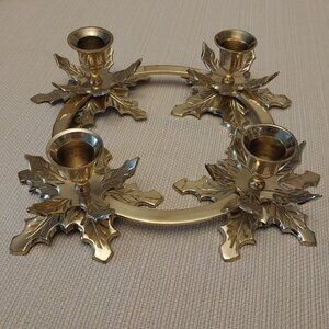 Vtg Solid Brass Poinsettia 11" Candle Stick Holder Ring Christmas Classic